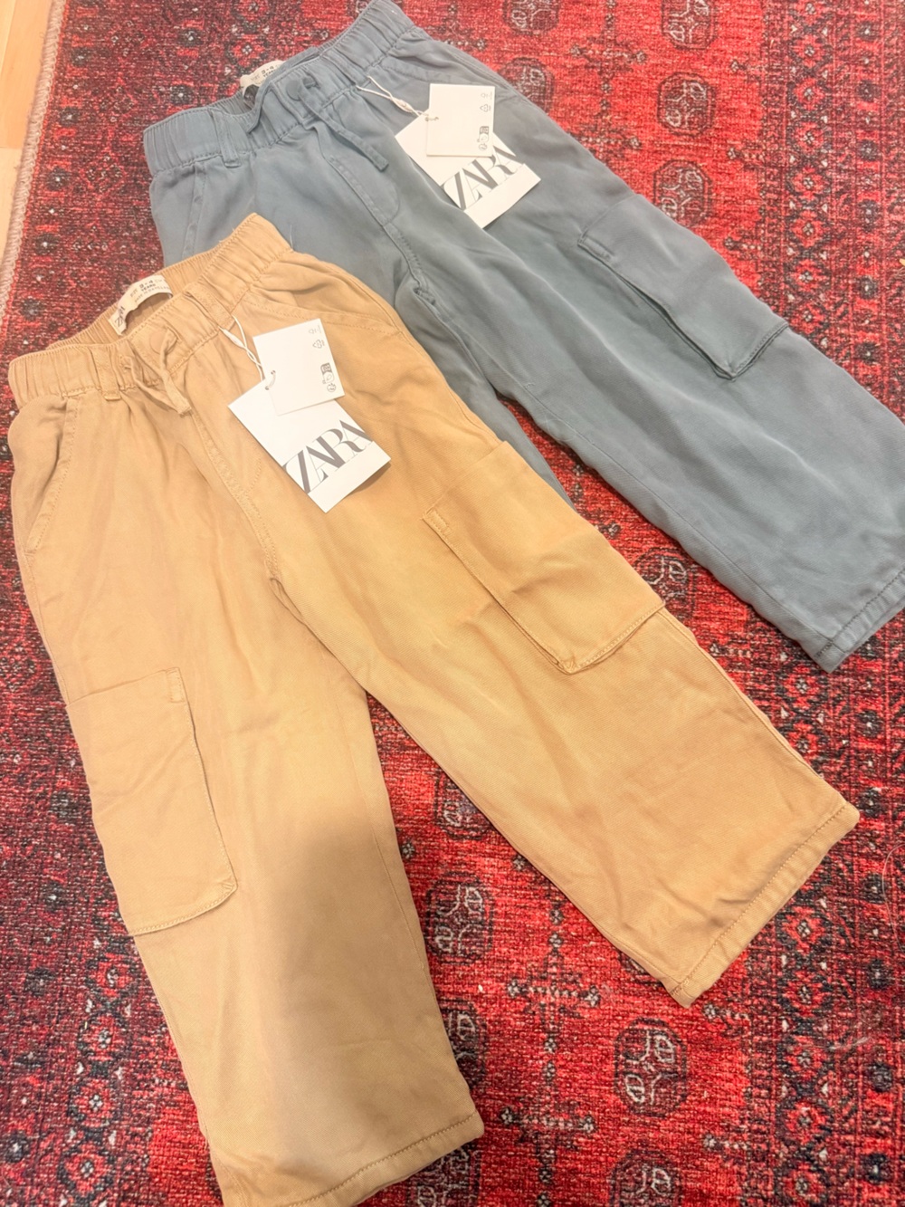 ZARA Toddler Cargo Wide Leg Pants - Tan and Slate Blue! 100% Cotton! NWT!
